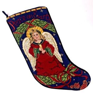 Needlepoint Christmas Stocking Angel pattern Peace On Earth Blue Velvet